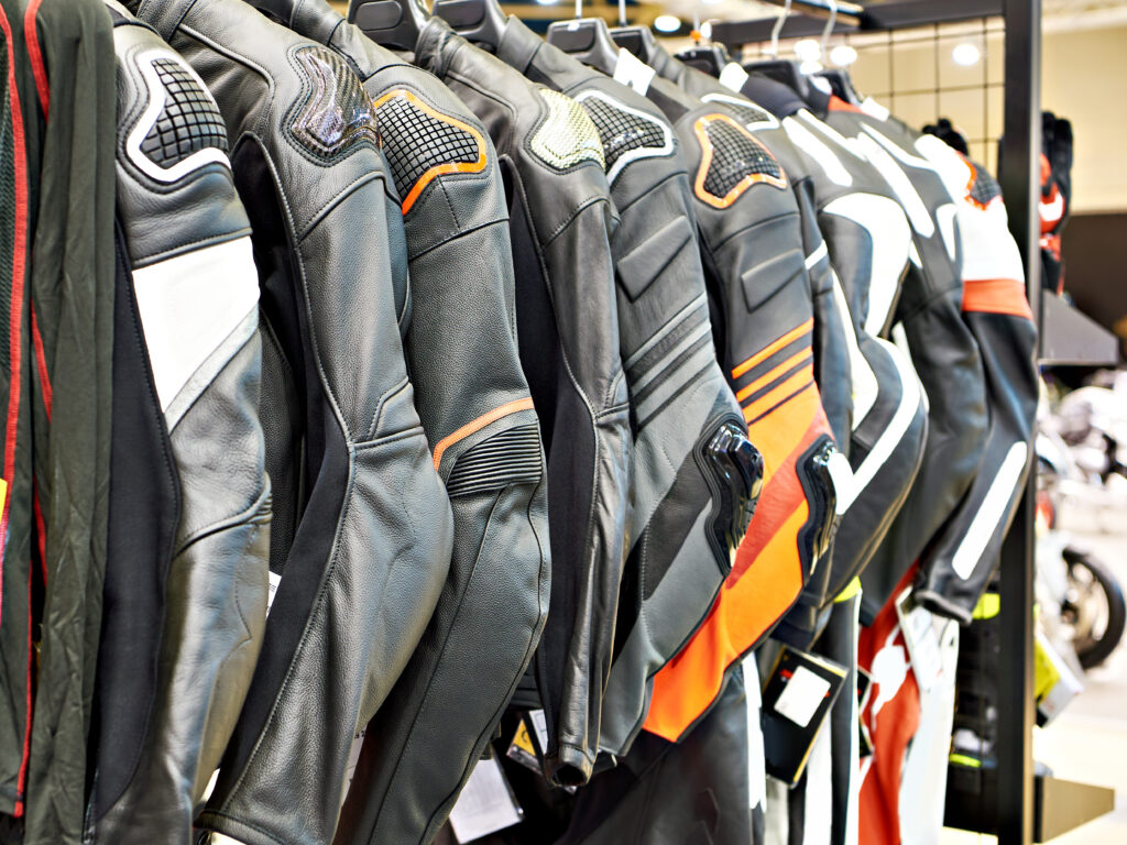Leather motorcycle jackets in sport store